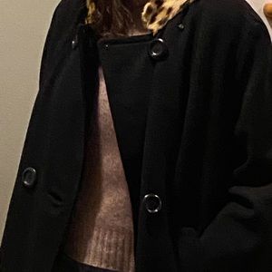 Vintage 1960 double breasted black wool coat with genuine leopard fur collar